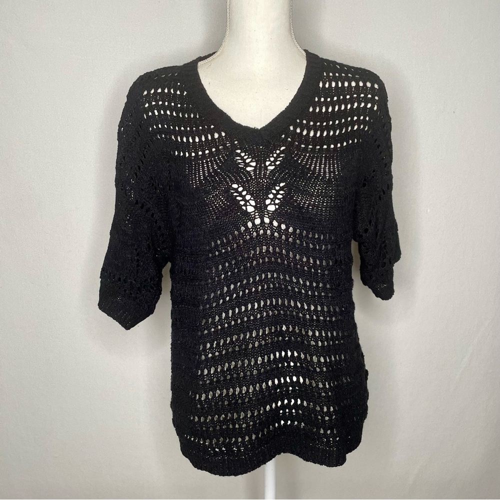 Cable And Gauge Women Boho Crochet Top Size Large Black Dolman Sleeve Loose Knit